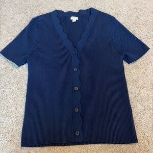 Womens J. Crew Navy Blue Scallop Short Sleeve Cardigan Sweater Size Large